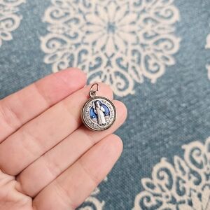 Vintage Dainty Silver Navy Blue Saint St Benedict Medallion Medal Coin Pendant